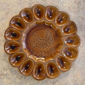 Vintage California Pottery USA S29 Ceramic Rooster Deviled Egg Plate Brown Glaze